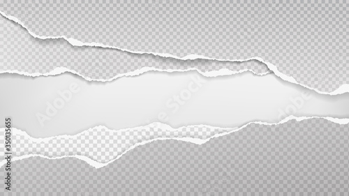 Pieces of torn grey squared paper with soft shadow stuck on white background. Vector illustration