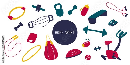 Simple icons of sports goods and accessories. Fitness at home, home workout. Flat vector illustration