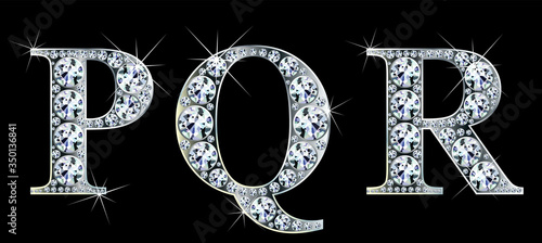 Diamond alphabet letters. Stunning beautiful PQR jewelry set in gems and silver. Vector eps10 illustration.