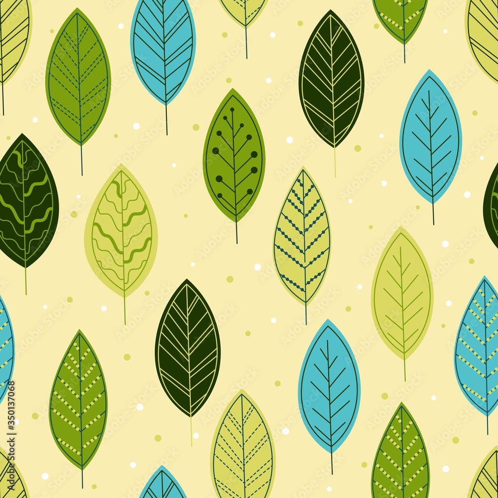 Stylized colorful leaves seamless pattern. Hand drawn decorative floral background. Vector illustration for fabric, print, web.