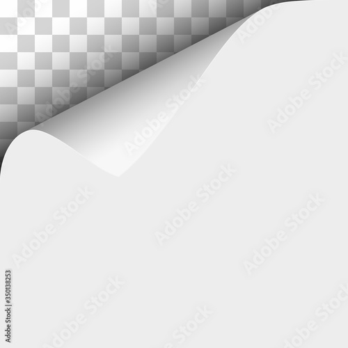Vector upper left curl of corner of white sheet of paper and transparent background under it.