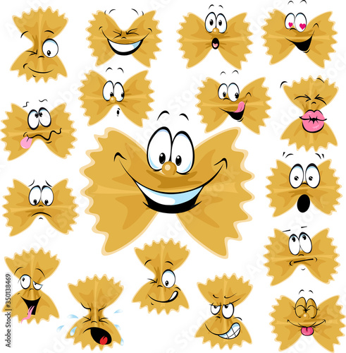 Funny Farfalle Pasta Cartoon Character with Many Facial expressions - Vector Illustration