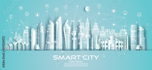 Wireless technology network communication smart city and icon.
