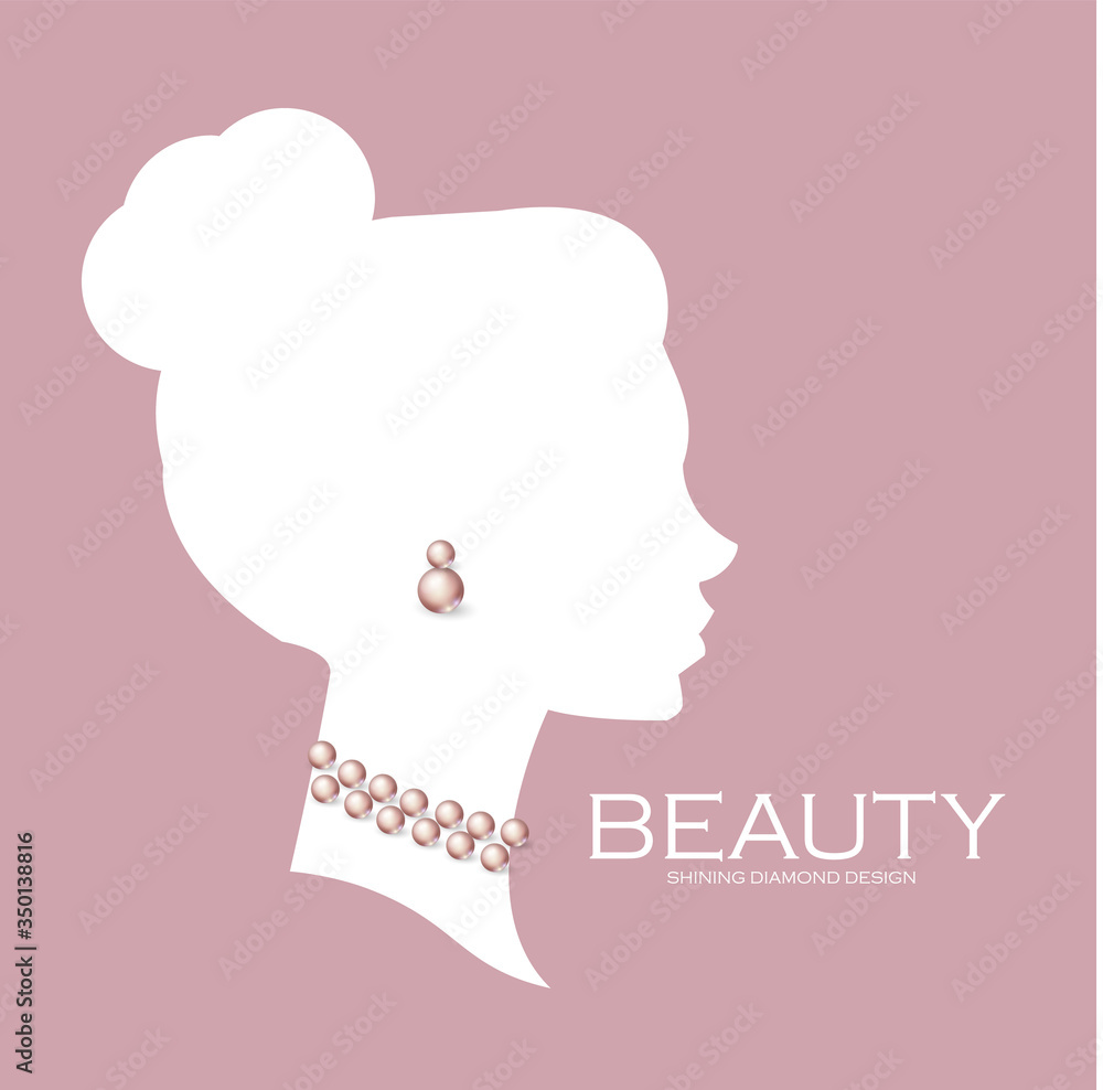 Female head silhouette with pearls. Beaty care. Jewelry shop adverticing template.