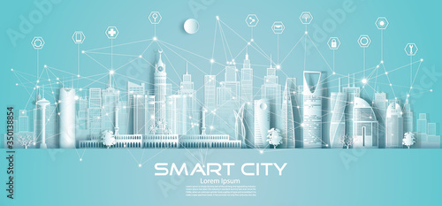 Technology wireless network communication smart city and icon with architecture.