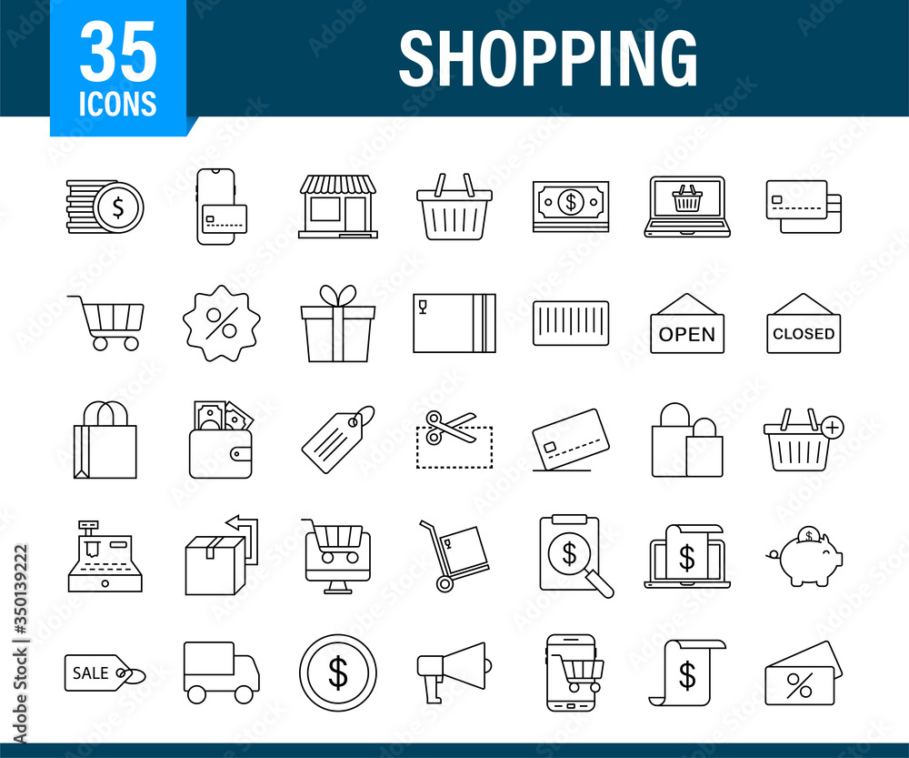 Shopping set icon for web design. E commerce. Discount coupon. Business icon. Price tag. Line vector. Vector stock illustration. Shopping set icon for web design. E commerce. Discount coupon. Business icon. Price tag. Line vector. Vector stock illustration.