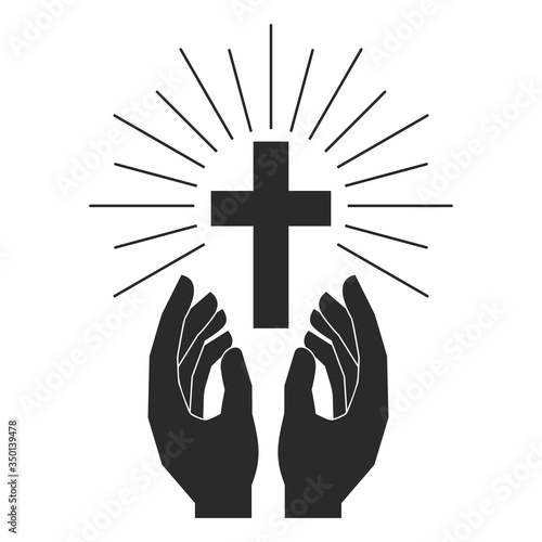 Hands with shining holy cross. Design element for logo, label, emblem, sign, badge. Vector illustration