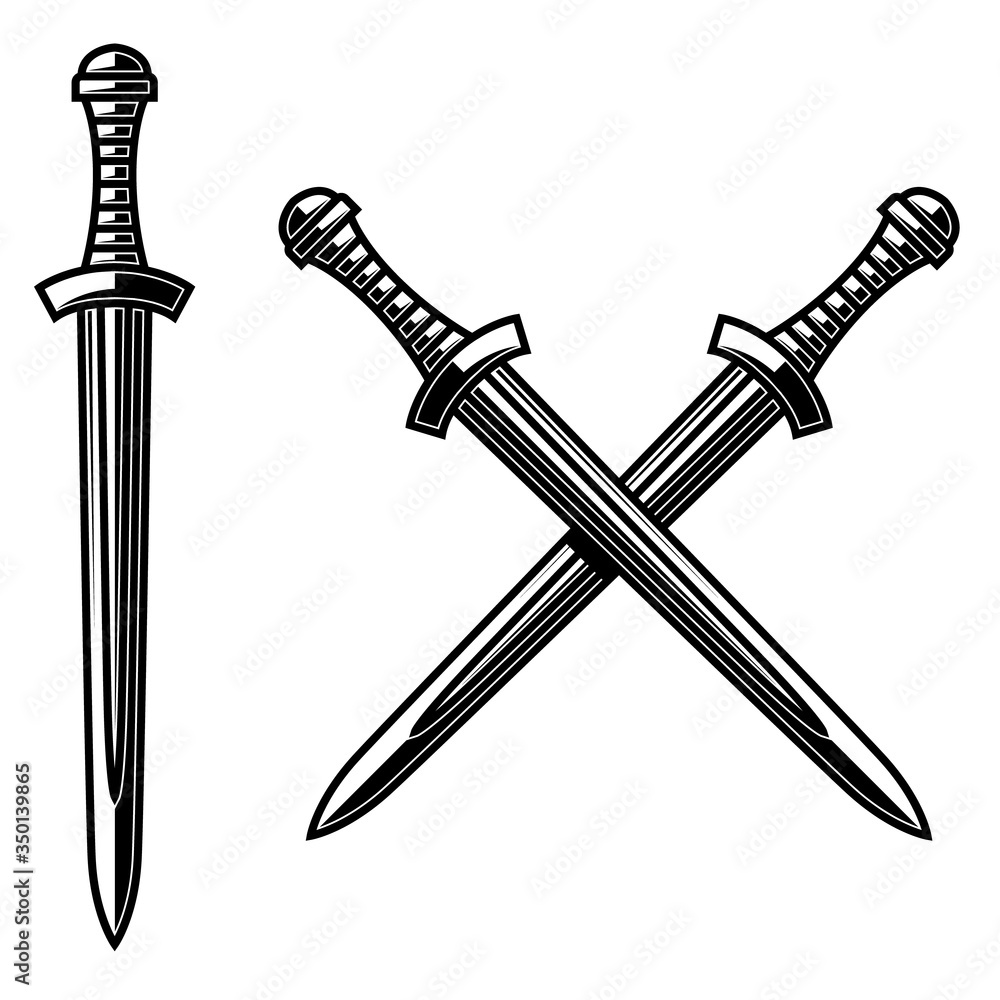 Illustration of crossed daggers in engraving style. Design element for logo, label, emblem, sign. Vector illustration Illustration of crossed daggers in engraving style. Design element for logo, label, emblem, sign. Vector illustration