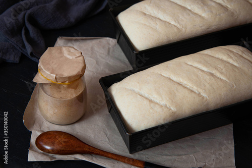 Bread before baking with leaven. Rye leaven for bread is active