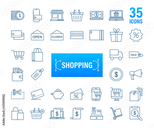 Shopping set icon for web design. E commerce. Discount coupon. Business icon. Price tag. Line vector. Vector stock illustration.