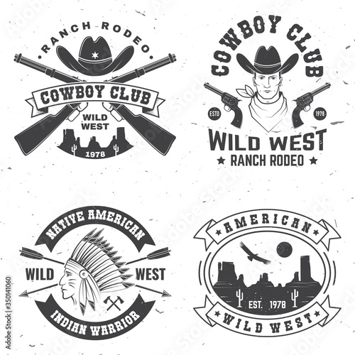 Cowboy club badge. Ranch rodeo. Vector. Concept for shirt, logo, print, stamp, tee with cowboy and shotgun. Vintage typography design with wild west and western rifle silhouette.