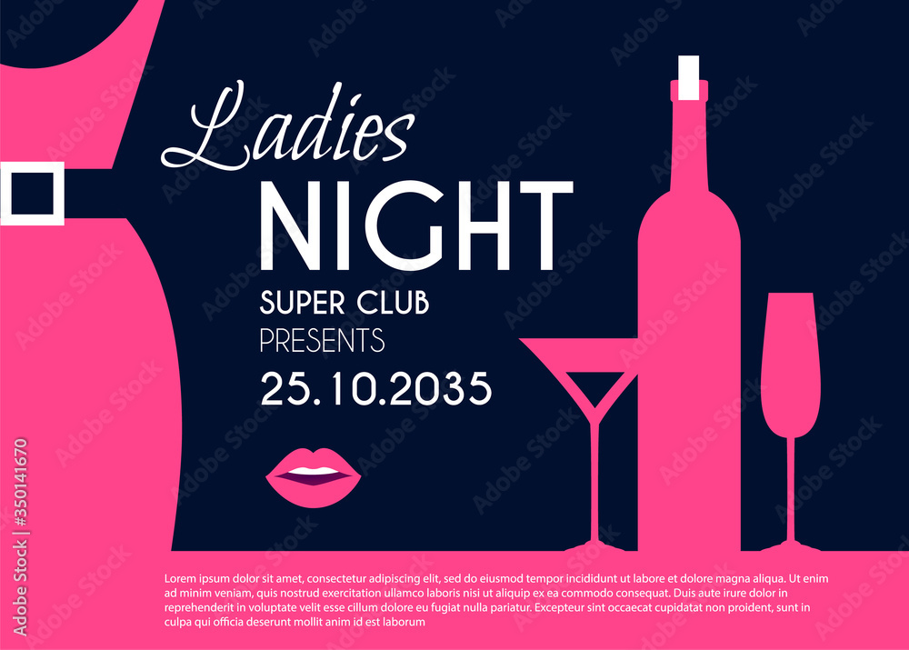 Ladies night glamour party flyer template withelegant dress silhouette, glasses, bottle and lips.