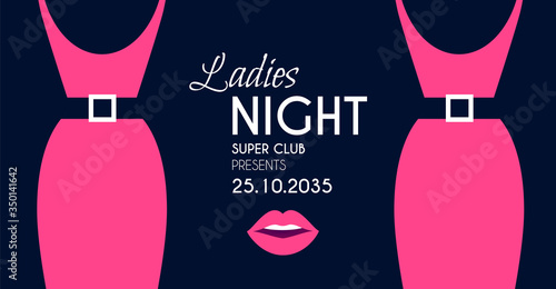 Ladies night glamour party flyer template withelegant dress silhouette and lips.