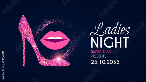 Ladies night glamour party flyer template with shoe and lips.