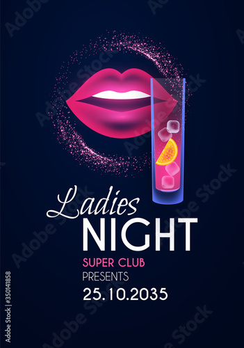 Ladies night glamour party poster template with shining glass and lips.