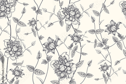 Beautiful blooming garden flowers clematis. Black and white seamless pattern.