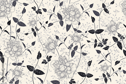 Black and white seamless pattern. Beautiful blooming garden flowers clematis and decorative branches.