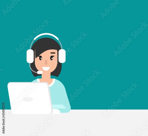 Female operator with headphones, microphone on blue background.