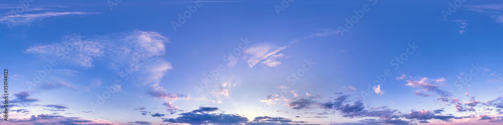 Seamless hdri panorama 360 degrees angle view blue pink evening sky with beautiful clouds before sunset with zenith for use in 3d graphics or game development as sky dome or edit drone shot - obrazy, fototapety, plakaty 