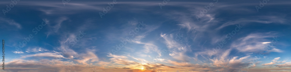 Seamless hdri panorama 360 degrees angle view blue pink evening sky with beautiful clouds before sunset with zenith for use in 3d graphics or game development as sky dome or edit drone shot