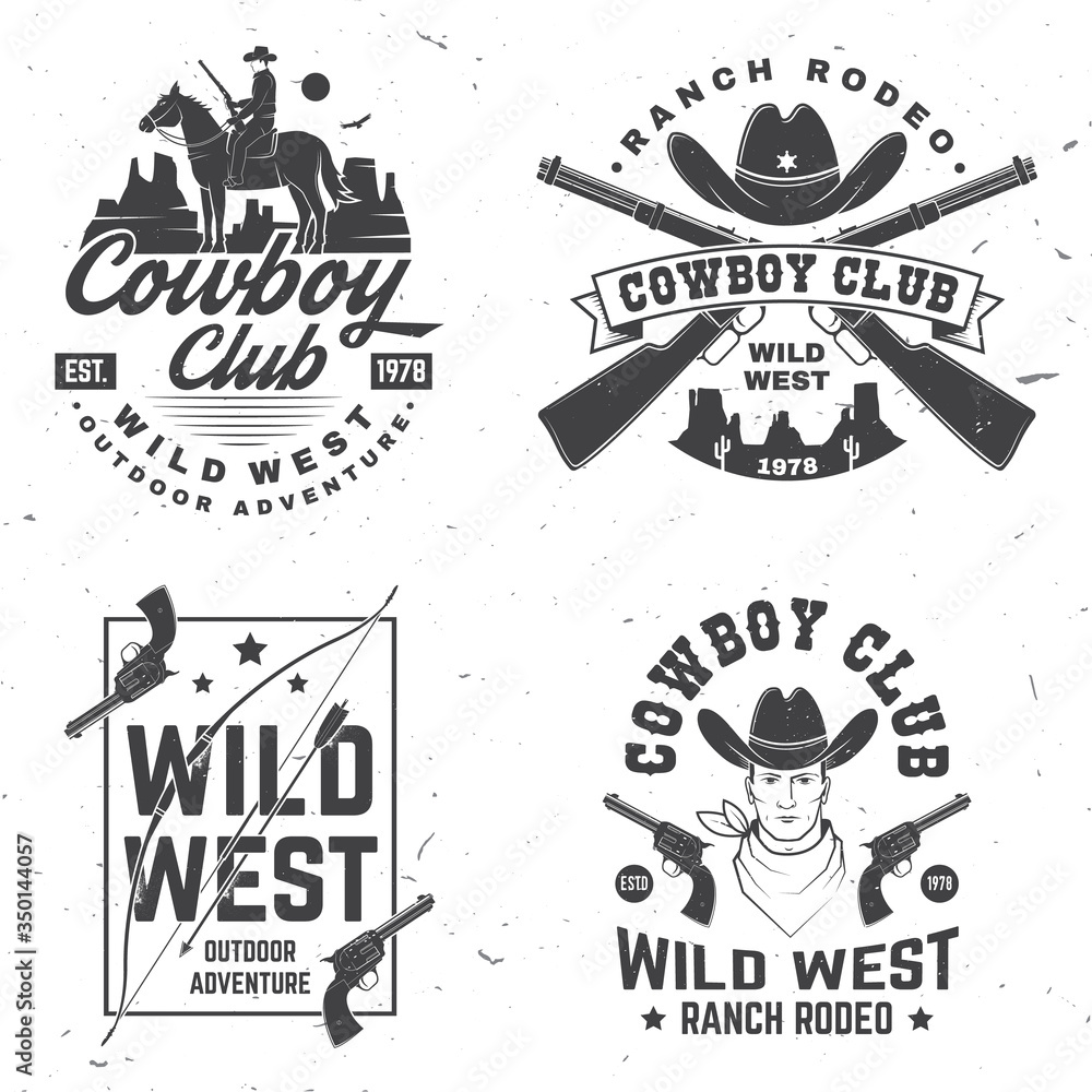 Fototapeta premium Cowboy club badge. Ranch rodeo. Vector. Concept for shirt, logo, print, stamp, tee with cowboy and shotgun. Vintage typography design with wild west and western rifle silhouette.