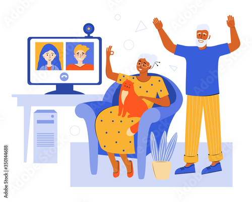 Elderly couple online via video chat at home. Video conference with family in the quarantine using the app. Old parents talk to their children. Senior people spending time at home. Social network.