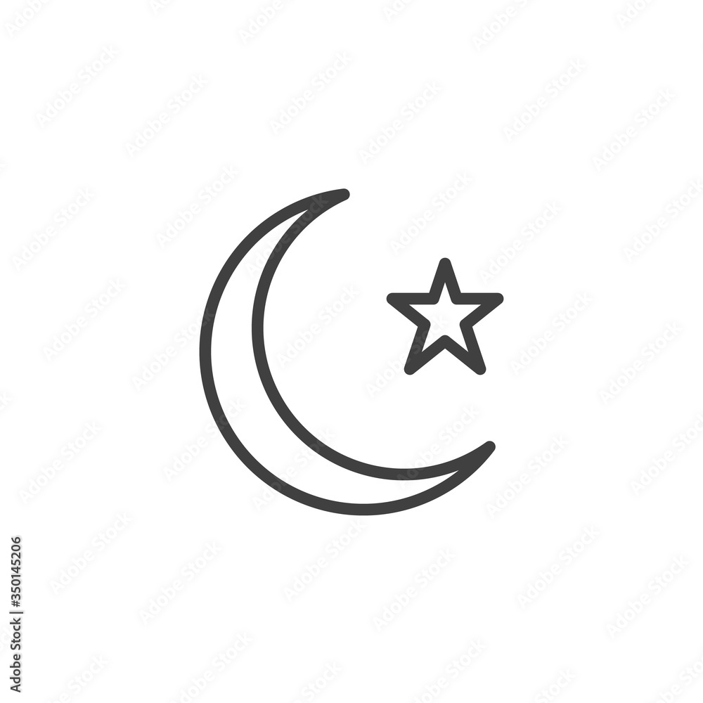 Crescent and star line icon. linear style sign for mobile concept and web design. Islamic moon and star outline vector icon. Symbol, logo illustration. Vector graphics Crescent and star line icon. linear style sign for mobile concept and web design. Islamic moon and star outline vector icon. Symbol, logo illustration. Vector graphics