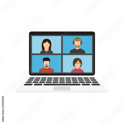 Online conference by video communications on laptop. Flat vector illustration