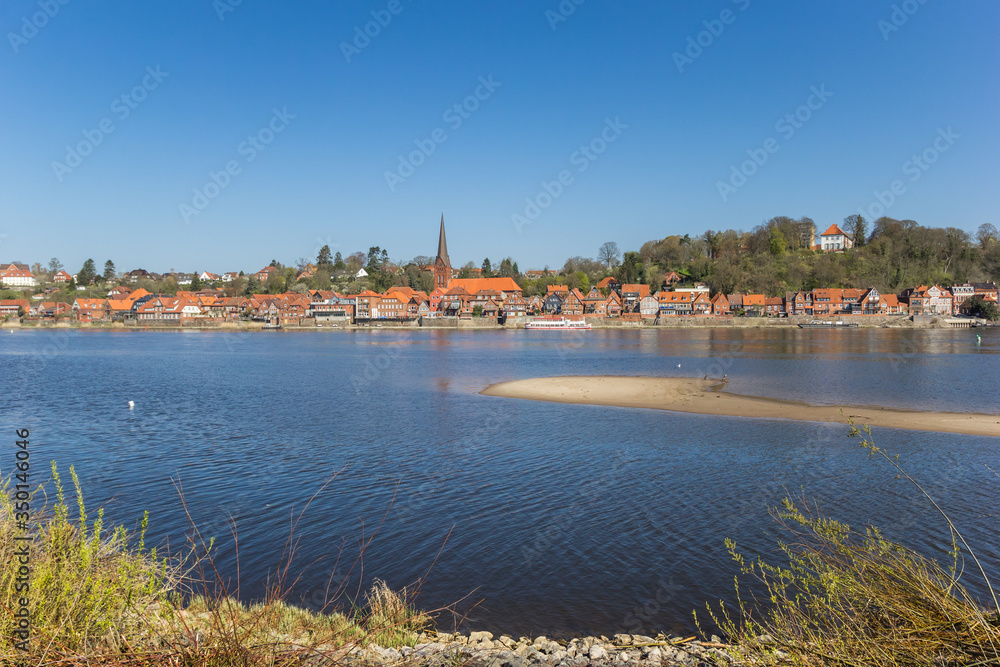 View over historic city Lauenburg from across the river Elbe in Germany