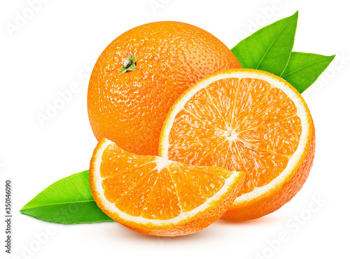 ripe oranges with a slice isolated on a white background