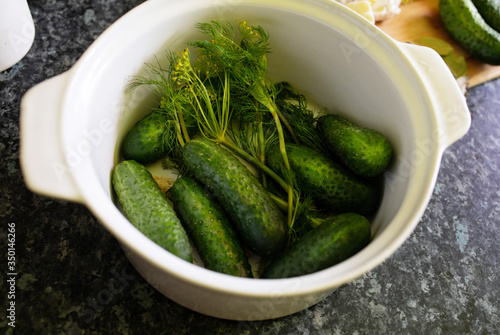 Green cucumber with dill in a bowl.