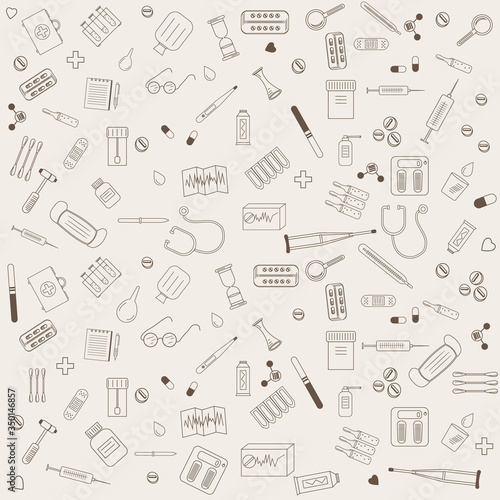 medical theme pattern, brown outline on a beige background, vector illustration, design