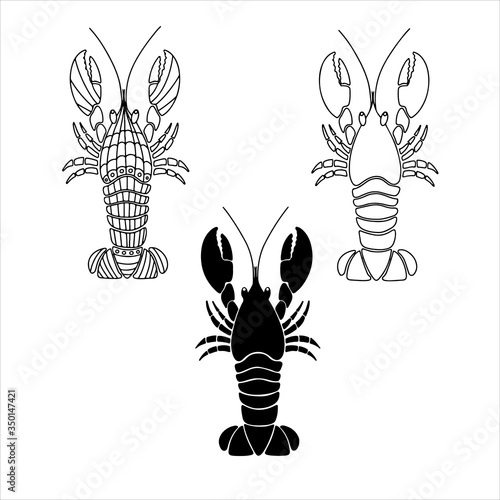 Hand drawn set of lobster logo. Vector silhouette, doodle illustration lobster isolated on white background. Healthy seafood. Design for restaurant menu, banner, print, card, invitation, coloring book