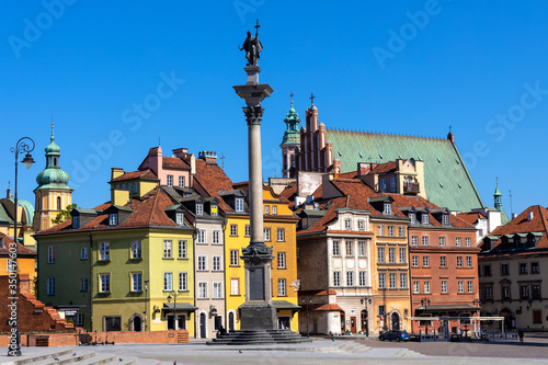 Panoramic view of Royal Castle Square - Plac Zamkowy - in Starowka Old Town with Sigismund III Waza Column and historic tenement houses in Warsaw, Poland
