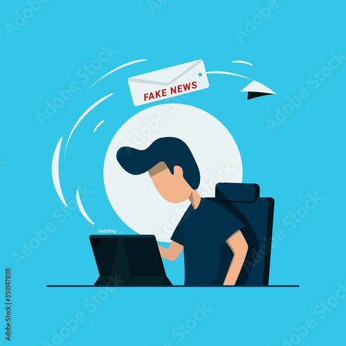 The man sending fake news e-mail. Man using tablet to upload a fake news to internet. Flat illustration style EPS.10