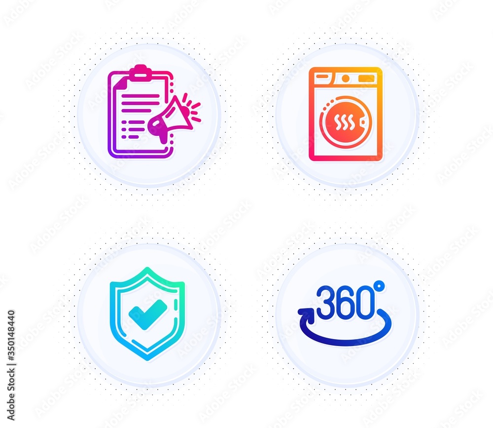 Megaphone checklist, Confirmed and Dryer machine icons simple set. Button with halftone dots. Full rotation sign. Brand check, Accepted message, Laundry. 360 degree. Technology set. Vector Megaphone checklist, Confirmed and Dryer machine icons simple set. Button with halftone dots. Full rotation sign. Brand check, Accepted message, Laundry. 360 degree. Technology set. Vector