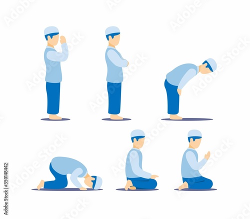 Muslim man praying position step guide instructions symbol, islam religious activity icon set in flat illustration vector isolated in white background