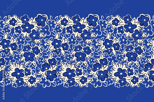 Hand Drawn Artistic Naive Daisy Flowers on Blue Background Vector Seamless Pattern Border. Blob Blooms, Blotched Floral Print. Expressive Outlines, Organic Large Scale Simplistic Retro Fashion Design