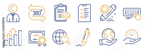 Set of Science icons, such as Analysis graph, 360 degree. Certificate, save planet. Safe time, Interview, Computer keyboard. Project edit, Signature, Copyrighter. Vector