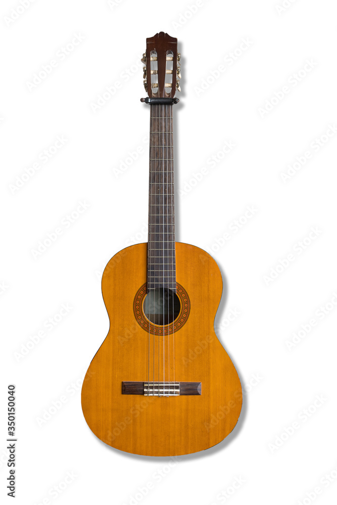 An vertical isolated image with white background of a classical guitar
