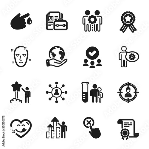 Set of People icons, such as Vacancy, Employees teamwork. Certificate, approved group, save planet. Health skin, Blood donation, Networking. Employee results, Reject click, Medical analyzes. Vector