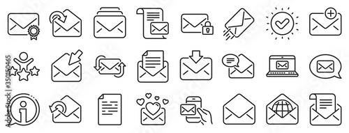 Newsletter, Email document, Correspondence icons. Mail message line icons. Received mail, Secure message and Web letter. Post office newsletter, Send email document, private communication. Vector