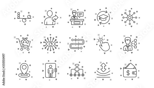 Timeline, Multichannel. Artificial intelligence, Balance and Refer friend line icons. Linear icon set. Geometric elements. Quality signs set. Vector