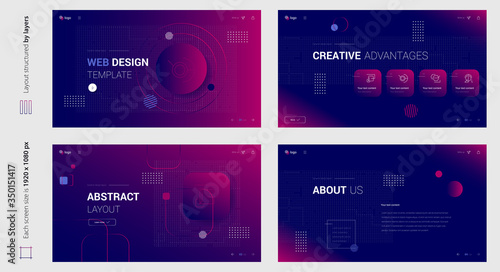 Digital abstract gradient purple web design four screen template. Stylish custom and individual set of four website screens. Creative geometric design