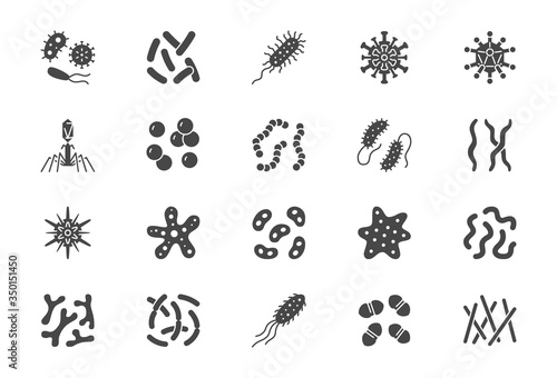Bacteria, virus, microbe glyph icons. Vector illustration included icon as microorganism, germ, mold, cell, probiotic silhouette pictogram for microbiology infographic