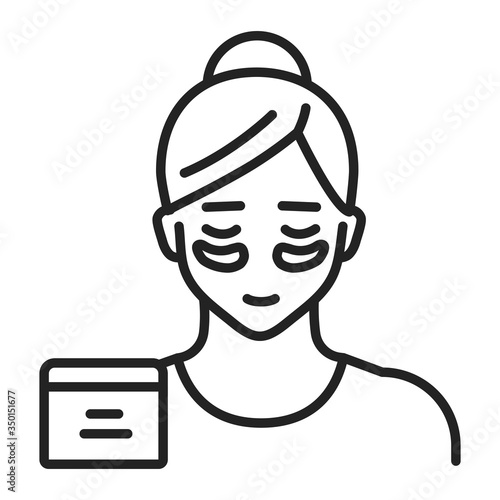 Female with patches under the eyes line black icon. Skin care. Get rid of wrinkles, puffs, dark circles.Isolated vector element. Outline pictogram for web page, mobile app, promo.