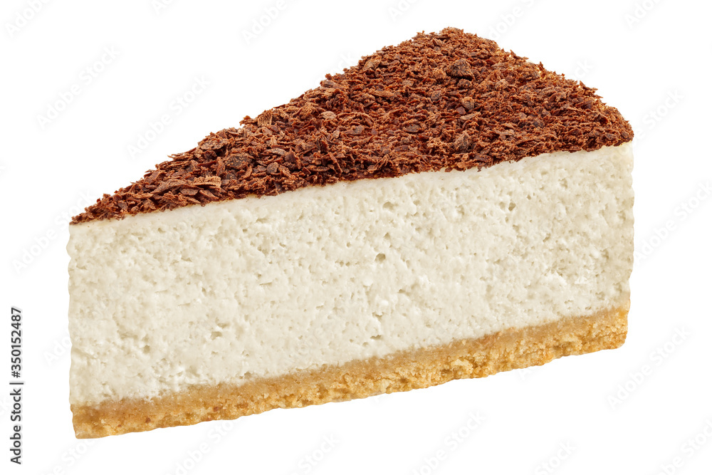 Piece of cheesecake with chocolate isolated on white background, clipping path, full depth of field Piece of cheesecake with chocolate isolated on white background, clipping path, full depth of field