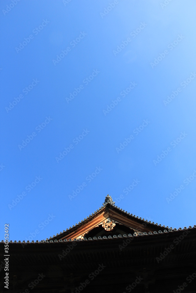 青空と、鬼瓦が据えられた日本建築の屋根 青空と、鬼瓦が据えられた日本建築の屋根