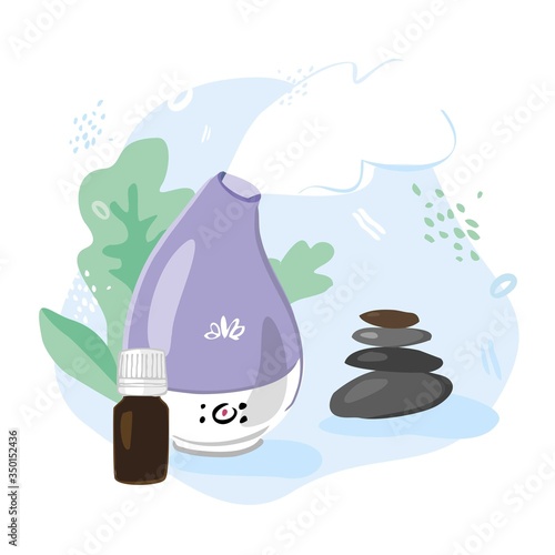 Decorative ultrasonic home diffuser with a jar of essential oil and stones for meditation. Concept of a home Spa and Wellness space. Baner about skin hydration, aromatherapy. Falt vector illustration.