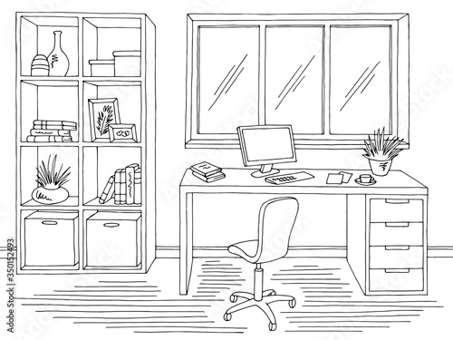 Home office graphic black white interior sketch illustration vector